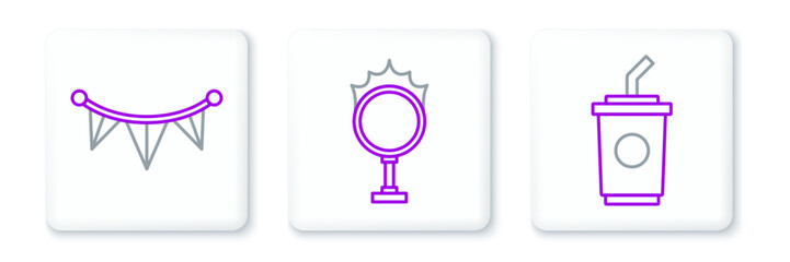 Set line Paper glass with water, Carnival garland flags and Circus fire hoop icon. Vector © Oksana