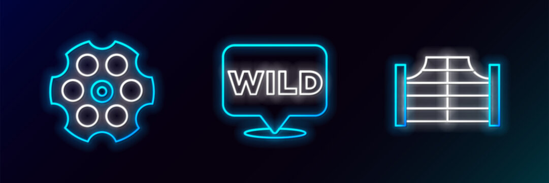 Set line Saloon door, Revolver cylinder and Pointer to wild west icon. Glowing neon. Vector