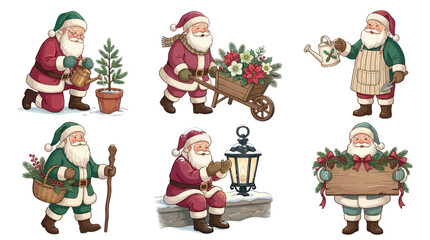 Naklejka premium Santa claus characters engaged in cheerful gardening and holiday activities