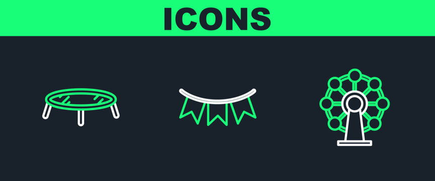 Set line Ferris wheel, Jumping trampoline and Carnival garland with flags icon. Vector