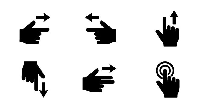 Set of 6 Hand Gestures Icons, Touchscreen Navigation Symbols, Swipe Left, Swipe Right, Scroll Down, Tap, Pinch Zoom, Digital Interface Controls, Vector Graphics