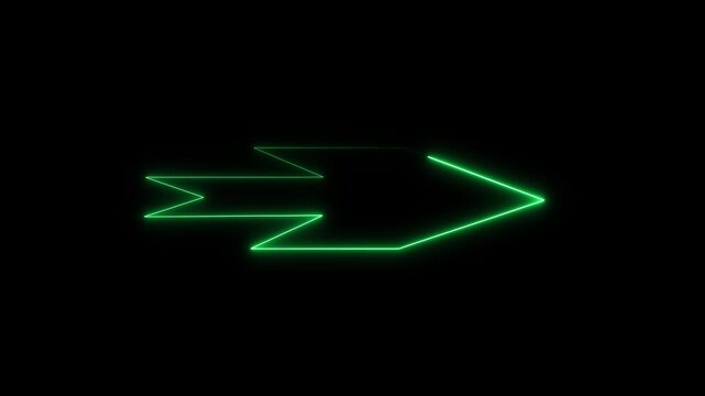 Green glowing neon arrow line animation loop on black background. High quality digital pointer light effect motion graphics for business and tech presentation video.