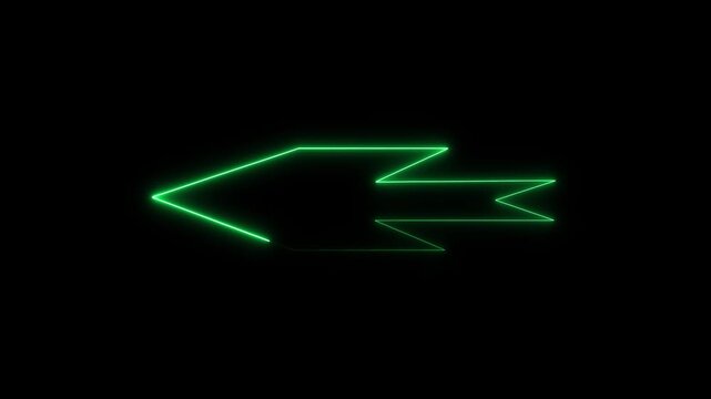 Green glowing neon backward arrow line animation loop on black background. High quality digital pointer light effect motion graphics for business and tech presentation video.