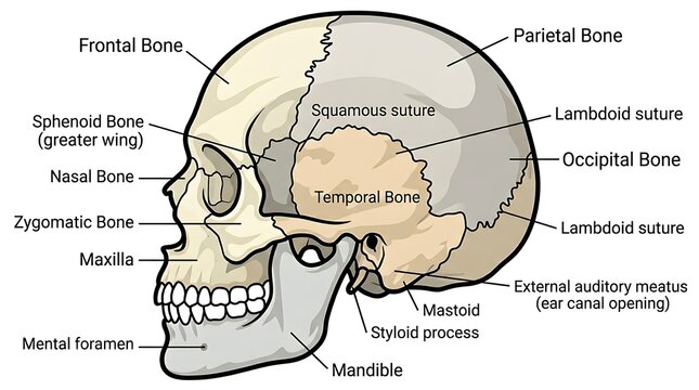 Detailed anatomical diagram of human skull bones.