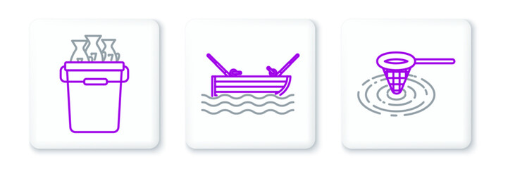 Fototapeta premium Set line Fishing net in water, bucket with fishes and boat fishing rod on icon. Vector