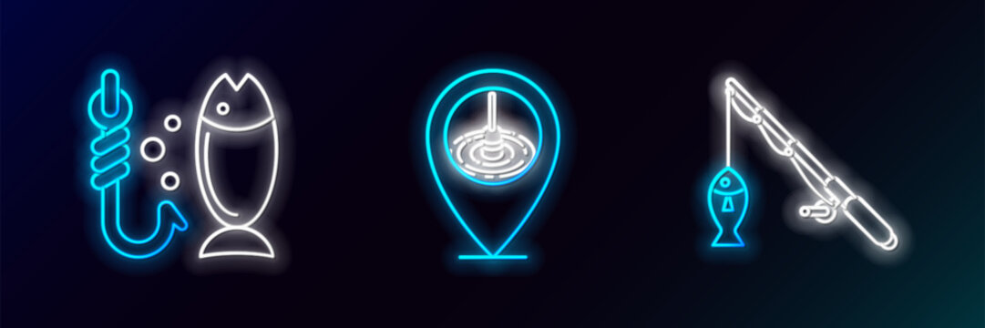 Set line Fishing rod and fish, and Location fishing icon. Glowing neon. Vector