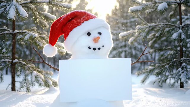 Snowman wearing a red santa hat holding a blank sign in a snowy winter forest
