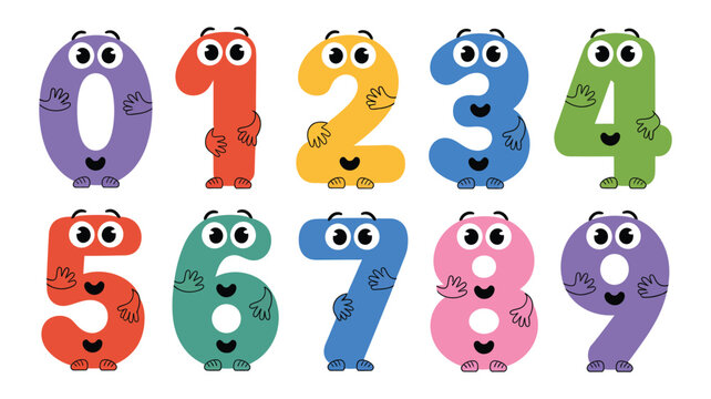 Cartoon numbers 0-9 with colorful funny faces and playful feet for educational learning, preschool activities, and vector illustration
