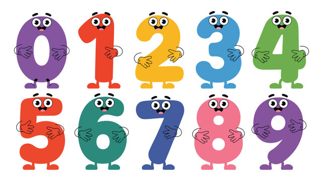 Cartoon numbers 0-9 featuring colorful funny faces and cheerful feet for educational resources, classroom materials, and playful vector design