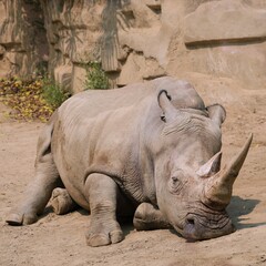 Naklejka premium portrait of rhino in the natural habitat, white rhinoceros relaxing routine in the afternoon