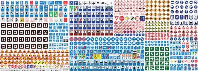 Traffic Road Sign Collection with Warning, Direction, Information and Regulatory Symbols Vector Set © Haider