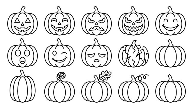 Halloween pumpkin faces collection line art icons for seasonal decorations parties and graphic design projects