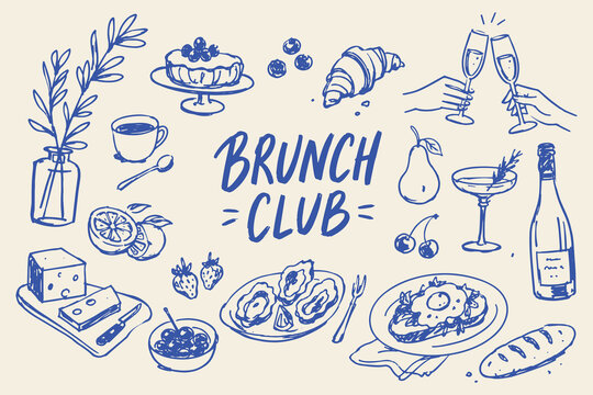 Brunch Club Food Doodle Set Vector Illustration
