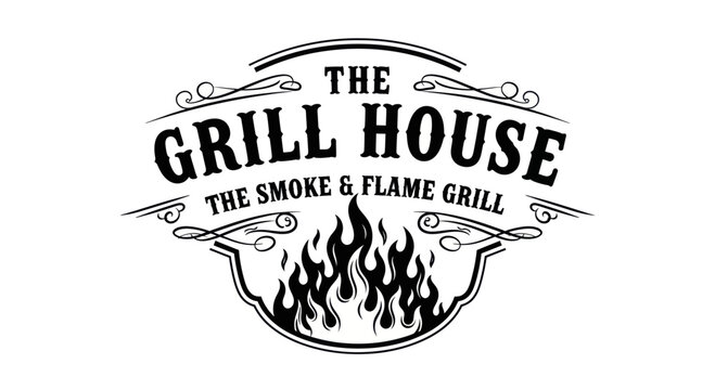 The Grill House Smoke and Flame Grill Restaurant Logo Design.
