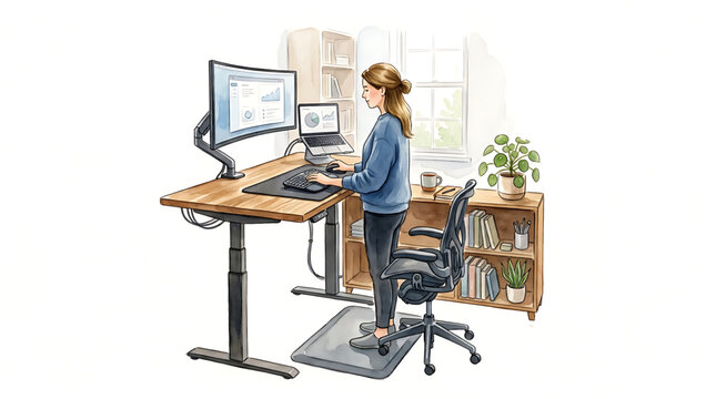 Woman working at a standing desk in a bright home office setting with ergonomic furniture and computer equipment for professional remote work productivity