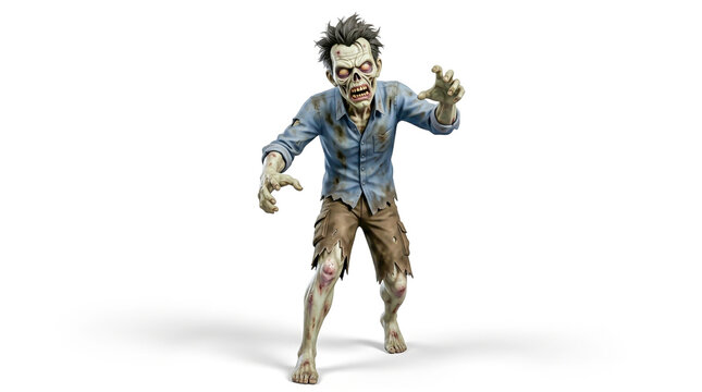 Scary walking zombie character in tattered clothes
