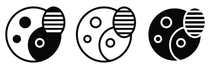 Yin yang and planet eclipse icon set vector. Astrology system, cosmic balance, space geometry, solar lunar connection, zen philosophy, universe harmony, spiritual symbol graphic. Vector illustration. © Prime Stocks