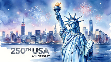 Fototapeta premium The Statue of Liberty stands proudly in New York City, celebrating the 250th USA Anniversary with fireworks and cityscape at night