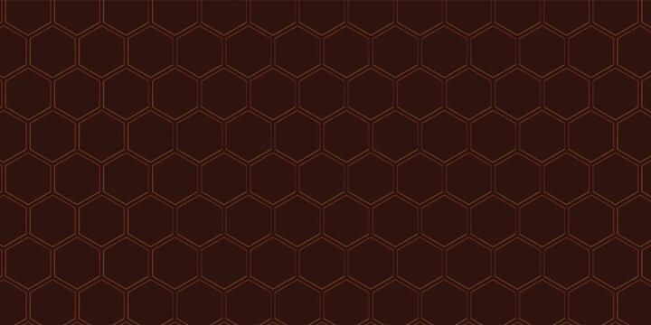 Dark red hexagon abstract technology background with orange and red colored bright flashes under hexagon. Hexagonal gaming vector abstract tech background.