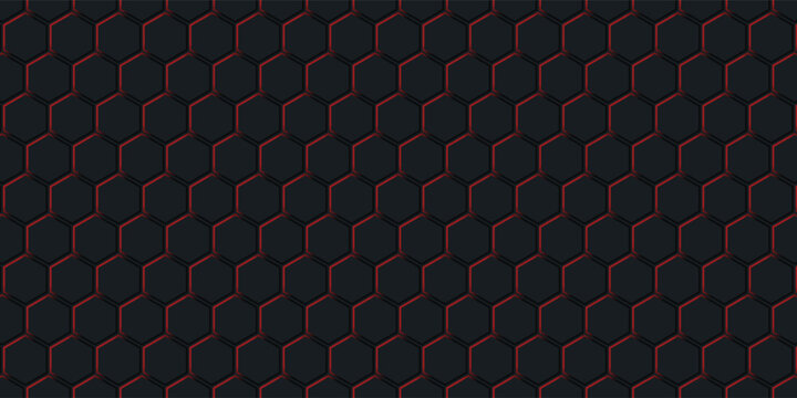 Abstract dark hexagon pattern on red neon background technology style.