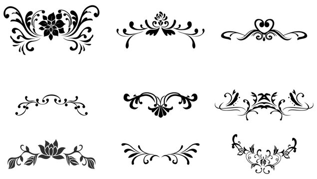Collection of nine black floral and scrollwork decorative borders with transparent background