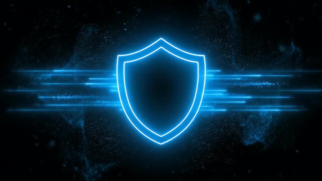 Shield icon with neon blue light effect for cyber security and data protection
