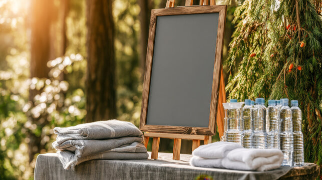 Blank Chalkboard Easel with Folded Towels in Sunlit Outdoor Garden