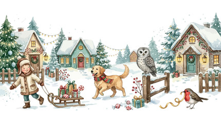Naklejka premium Child pulling sled with dog and gifts through snowy village