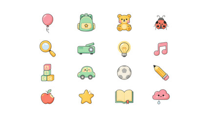 Fototapeta premium Colorful set of playful flat icons representing everyday activities and objects