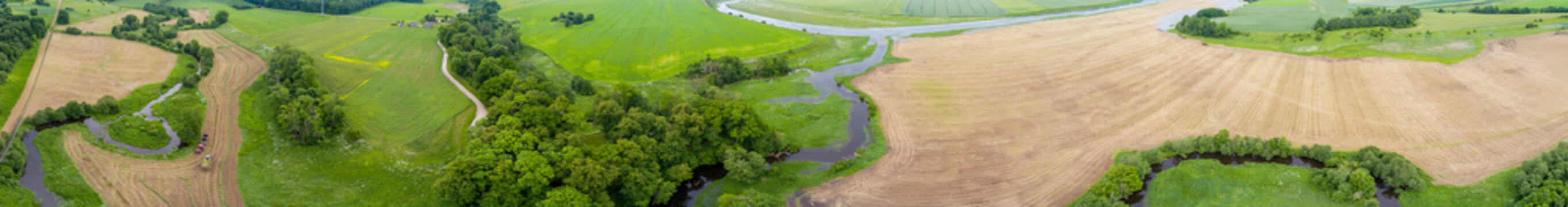 Aerial View of Meandering River and Farmland in Lithuania