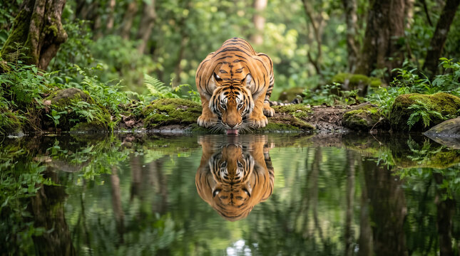 Tiger drinking from pond