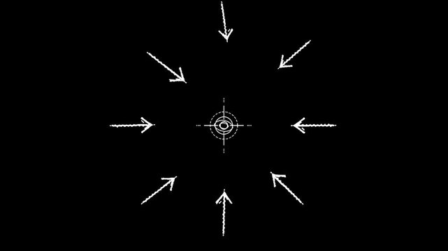 White chalk arrows pointing to center target on black background