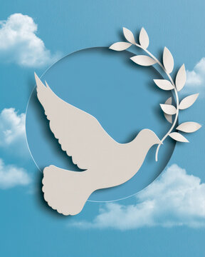 International Day of Peace White Dove With Olive Wreath and Blue Sky Paper Art
