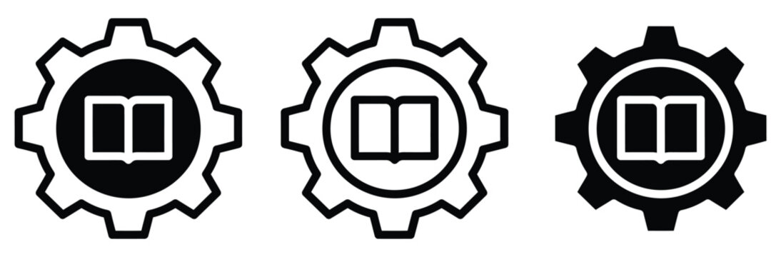 Book in gear icon set vector. Manual configuration, study process, education system setup, tutorial technical guide, knowledge engineering and learning progress symbol graphic. Vector illustration.