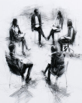 Business Training Session with Seated Group in Charcoal Sketch