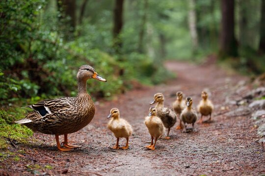 a family of ducks crossing a forest path