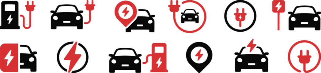Naklejka premium Charging Point with electric car icon set, Car charging point icon electric plug symbol, hybrid vehicles charging point, Vector Illustration !