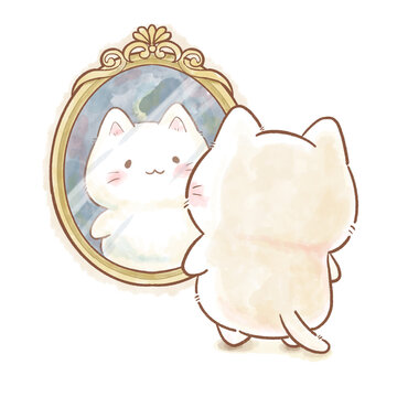 Watercolor illustration of a cute white cat looking at its reflection in a gold mirror, concept of self-reflection, mental health and self-care