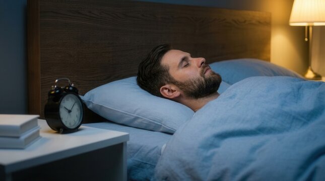 Nighttime scene of a young man sleeping in bed