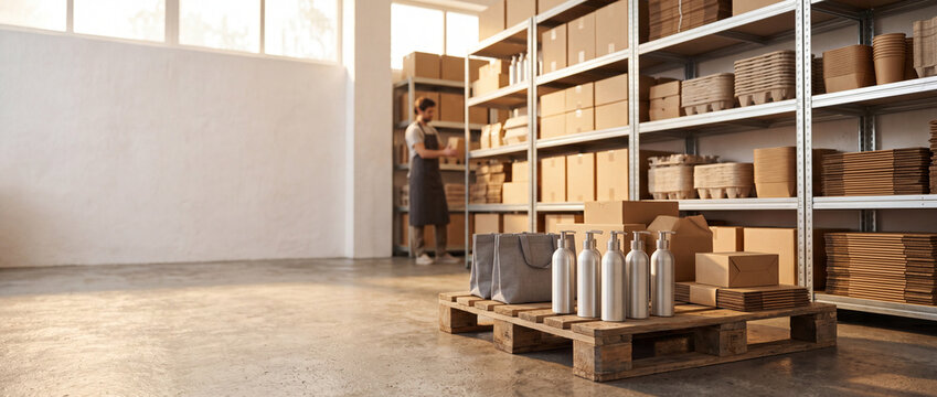 Warehouse storage with shelves full of cardboard boxes and a worker organizing inventory, showcasing logistics and supply chain operations for commercial technology, business, marketing, web