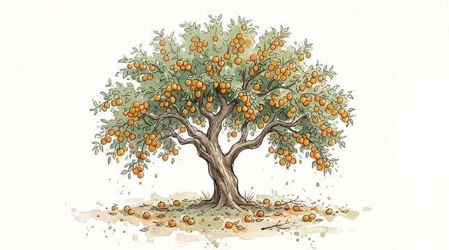 Green amber watercolor ink fruit-laden tree, representing small business harvest, reward of hard work, patient cultivation, abundant success and entrepreneurial returns concept