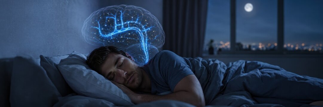 Man sleeping with glowing brain data, sleep science, insomnia