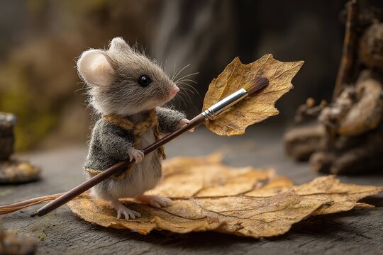 mouse holding a tiny paintbrush painting a leaf