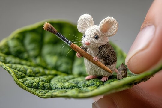 mouse holding a tiny paintbrush painting a leaf