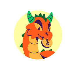 Obraz premium Circle portrait of magic dragon with golden coin. Avatar of cute monster for user profile. Happy fantasy, character, fairytale creature in round frame. Flat isolated vector illustration on white