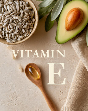 Vitamin E Nutrition Concept With Avocado Seeds and Golden Supplement Capsule