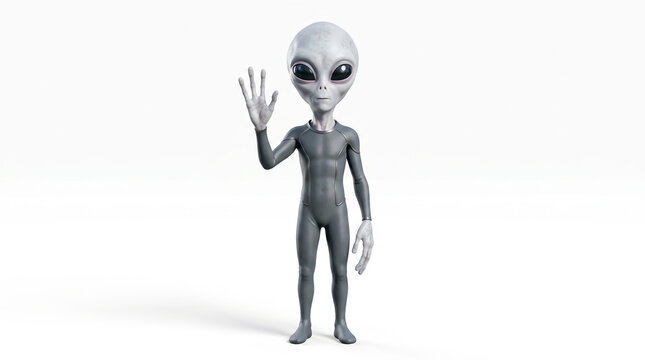 Friendly grey alien character waving its hand
