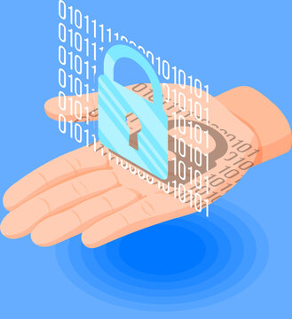 Isometric Cybersecurity Data Protection with Human Hand Holding Digital Padlock and Binary Code Stream Vector Illustration