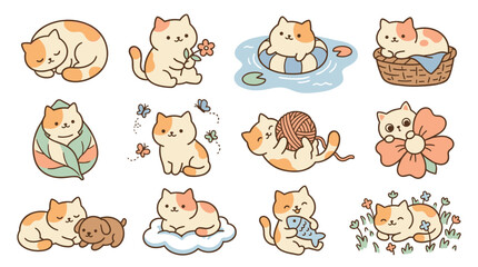 Fototapeta premium Collection of charming vector art cats in various cute poses and activities, playful, sleepy, with flowers and butterflies, digital illustration for