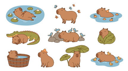 Obraz premium Collection of cute capybara illustrations, relaxed poses, interacting with nature and small birds, simple drawing style, playful and serene mood